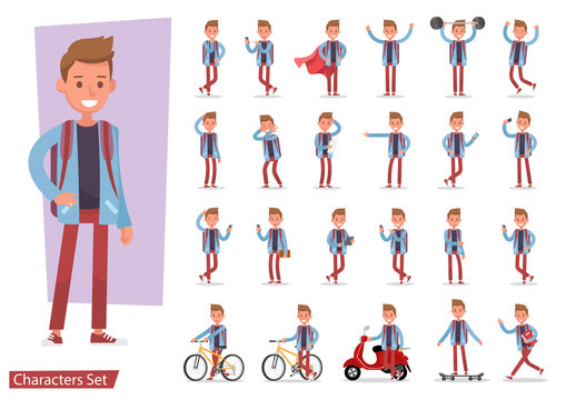 Set of office man worker character vector design. Presentation in various action with emotions, running, standing, walking and working. no9