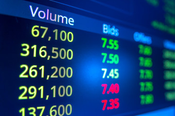 Stock market graph analysis. Stock market data on LED display on laptop screen for finance and economic. Business graph background.