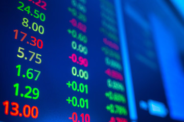 Fototapeta premium Stock market graph analysis. Stock market data on LED display on laptop screen for finance and economic. Business graph background.