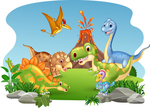 Cartoon happy dinosaurs in the jungle