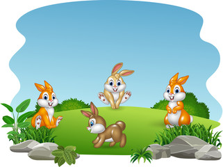 Cartoon happy rabbits collection with nature background