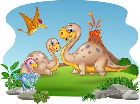 Cartoon mother and baby dinosaurs with nature background