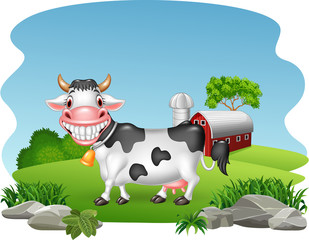 Cartoon happy cow with farm background