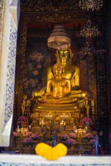 Principle Buddha image in Chapel. The attitude of subduing Mara. Seated Buddha image.