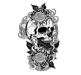 Skull with chrysanthemum tattoo by hand drawing.Tattoo art highly detailed in japanese line art style.Black and white line art pattern for paint