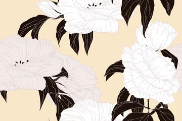 Behangcirkel Seamless pattern, hand drawn white Eustoma / lisianthus / prairie gentian flowers with black leaves on light brown background © momosama