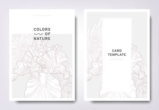 Floral greeting/invitation card template design, hand drawn Iris and Petite Jenny flowers, minimalist pastel style