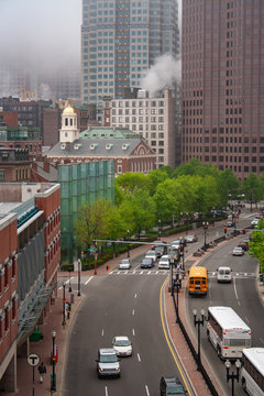 Downtown Boston In Fog. Street View, Quincy Market. Circa 2005