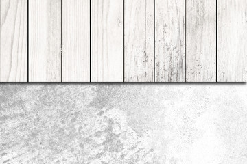 White wood fence and concrete wall background