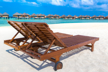 Wooden sunbed in the Maldives