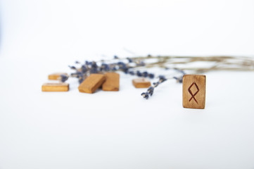 Odal. Scandinavian runes. Wooden runes on a table on a white background.