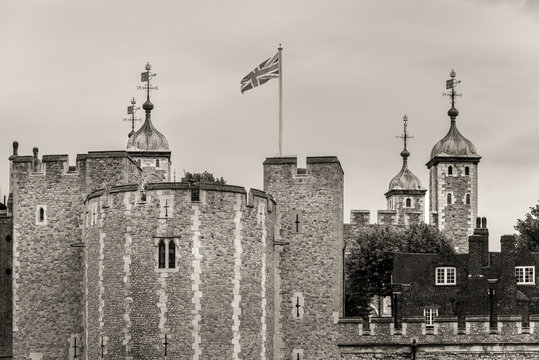 Tower of London, UK - medieval castle and prison. Monochrome sepia toned.
