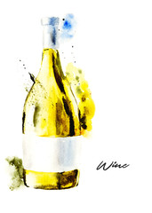 Hand-drawn watercolor illustration of the wine bottle, white wine. Drawing isolated on the white background.