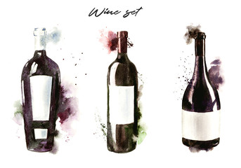 Hand-drawn watercolor illustration of the wine bottles, red wine. Drawing isolated on the white background.