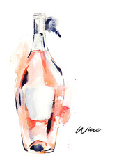 Hand-drawn watercolor illustration of the wine bottle, pink wine. Drawing isolated on the white background.