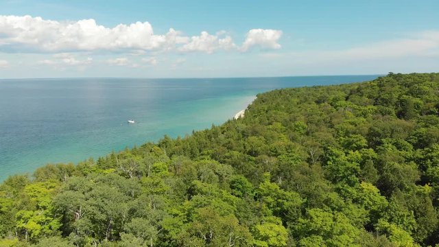 Aerial view of turquoise Lake Huron waters from Mackinaw Island State Park