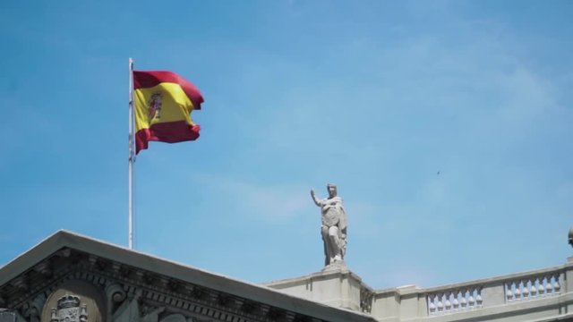 Spanish flag on the Oberon Military de Barcelona in La Rambla Catalunya Spain
