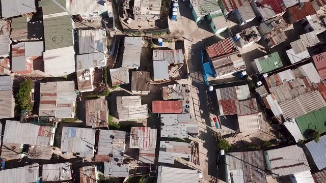 Aerial view overhead shacks in a township in South Africa