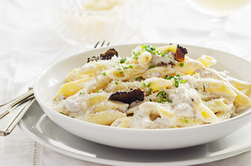 Penne alla norcina - Italian  pasta with  cream sauce and black truffle in white plate, free text space.