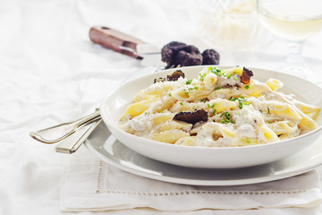 Penne alla norcina - Italian  pasta with  cream sauce and black truffle in white plate, free text space.