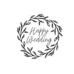 Happy wedding hand lettering text. Calligraphy inscription for greeting cards, wedding invitations. Vector brush calligraphy