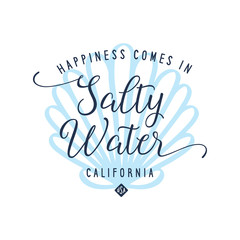Salty water calligraphy tshirt design with shell background. Vector illustration.