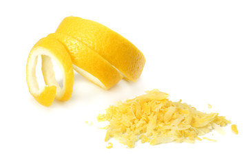 fresh lemon peel and lemon zest isolated on white background. healthy food - obrazy, fototapety, plakaty