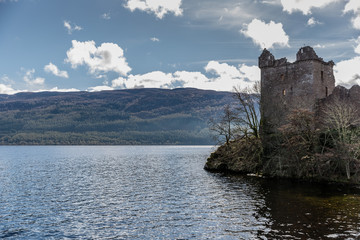 Urquhart Castle as seen from Loch Ness lake in the Highlands of Scotland