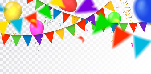Fototapeta na wymiar Vector party, celebration or anniversary border with colorful hanging garlands, streamers and balloons isolated on transparent background
