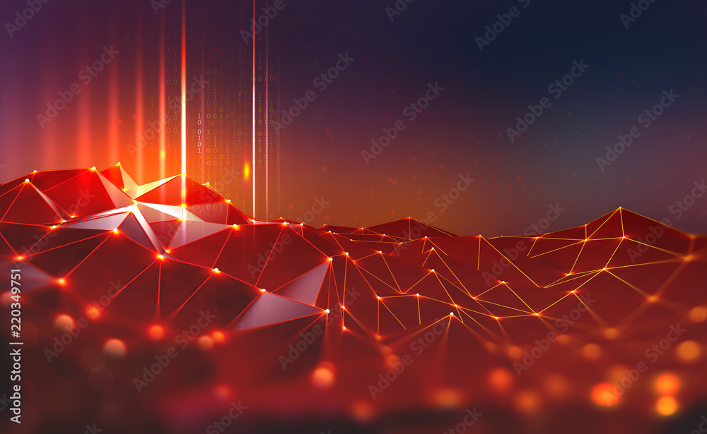 Poster Global network. Blockchain. Neural networks and artificial intelligence. 3D illustration abstract technological background with binary code elements