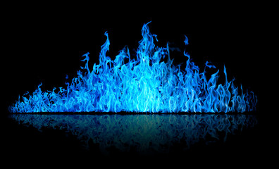 long bright blue flame isolated with reflection on black