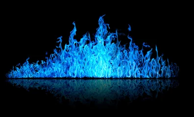 Photo sur Aluminium Flamme long bright blue flame isolated with reflection on black