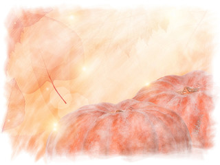 red sunny wiped background from thin leaves and pumpkins