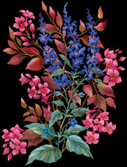 Decorative composition of garden flowers.Weigela and sage isolated on black background