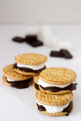 Homemade marshmallow s'mores with chocolate on crackers on a white background.