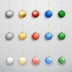 Colorful christmas balls set isolated on a transparent background. Christmas decorations. Vector object for christmas design, mockup. Vector realistic object Illustration 10 EPS.
