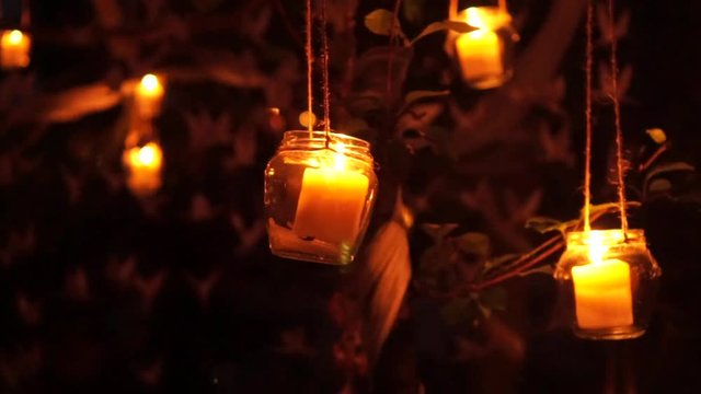 candles hanging on tree with origami cranes