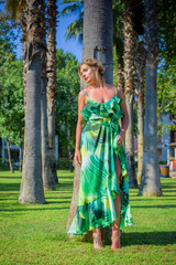 Naklejka premium Woman of nice plus size figure on a vacation with good mood. xl size, natural beauty of modern woman, american or european appearance lady 