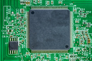 The components of the motherboard. Include chip, ic, cpu socket, heatsink and many port.