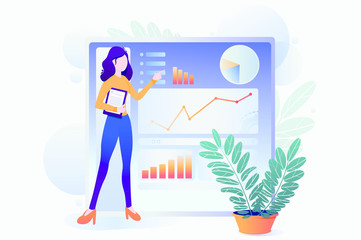 Girl presents project, charts and graph info