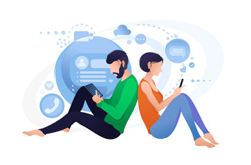 Live chat with smartphone, online communication people