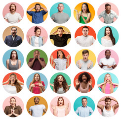 The collage of faces of surprised people on colored backgrounds. Happy men and women smiling. Human emotions, facial expression concept. collage of different human facial expressions, emotions
