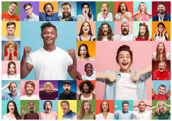 The collage of faces of surprised people on colored backgrounds