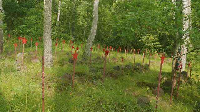 Cemetery with tombs of unknown soldiers of soviet army in forest