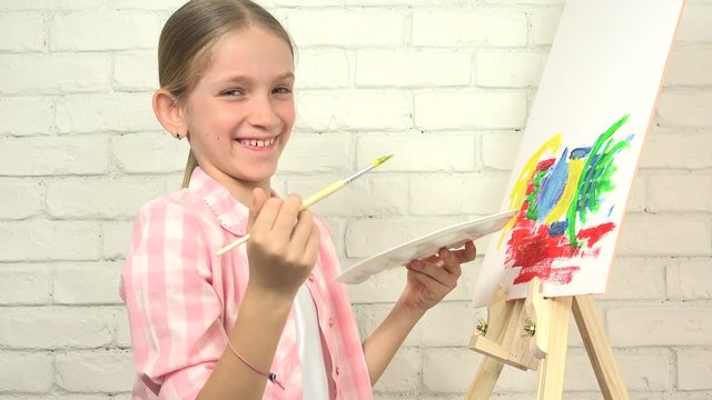 Child Painting Abstract, School Girl in Workshop, Art Craft Classroom 4K