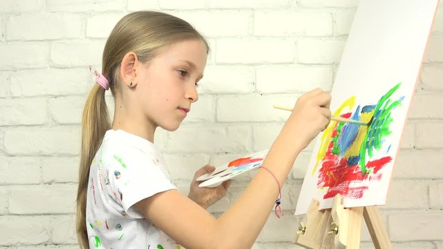 Child Painting Abstract, School Girl in Workshop, Art Craft Classroom View