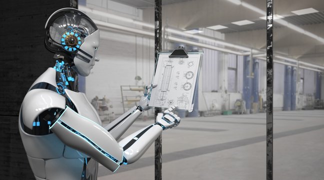 Roboter mit einen technischen Zeichnung in einer Industriehalle