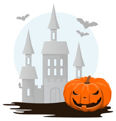 Halloween Kürbis mit Burg im Nebel