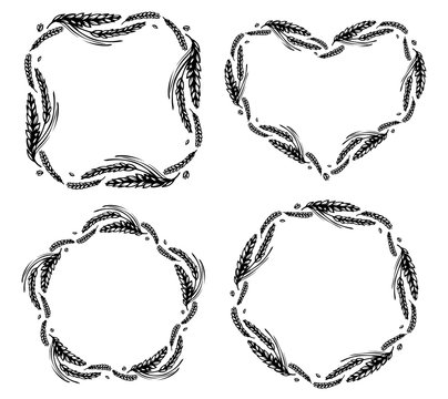 Set of wheat and malt round, heart, star and square frames or wreath on white background. Black and white hand drawn sketch for bakery, cereals or labels design. JPG include isolated path - Powered by Adobe