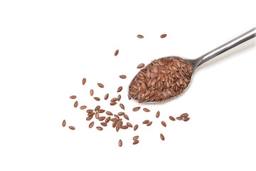 Brown flaxseeds  on white background - isolated
